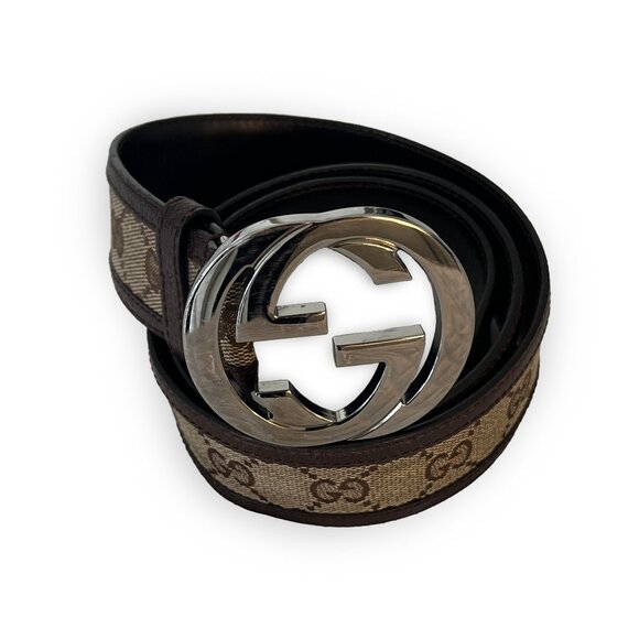 Gucci Bronze Monogram Canvas Leather Interlocking G Buckle Belt Size 85 - Picture 1 of 4